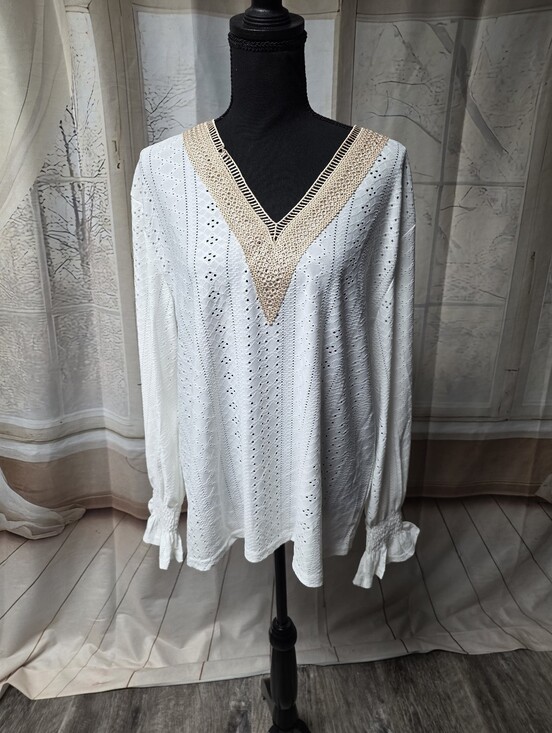 Kohl's Tops - White Eyelet V-Neck Long Sleeve Top with Crochet Trim